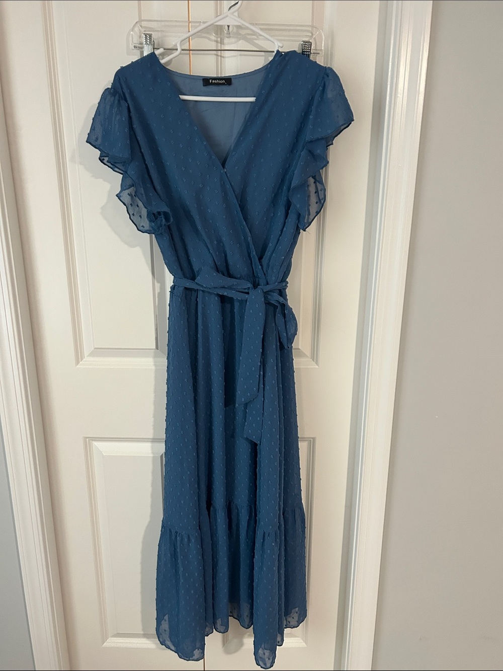 Women’s Blue Wrap Maxi Dress with Tie Waist and Flutter Sleeves